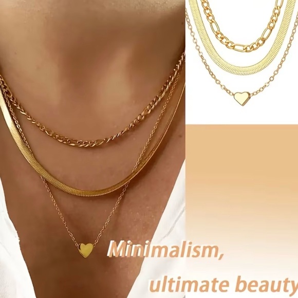 Gold 3 Layered Heart Pendant Necklace - Picture 4 of 6